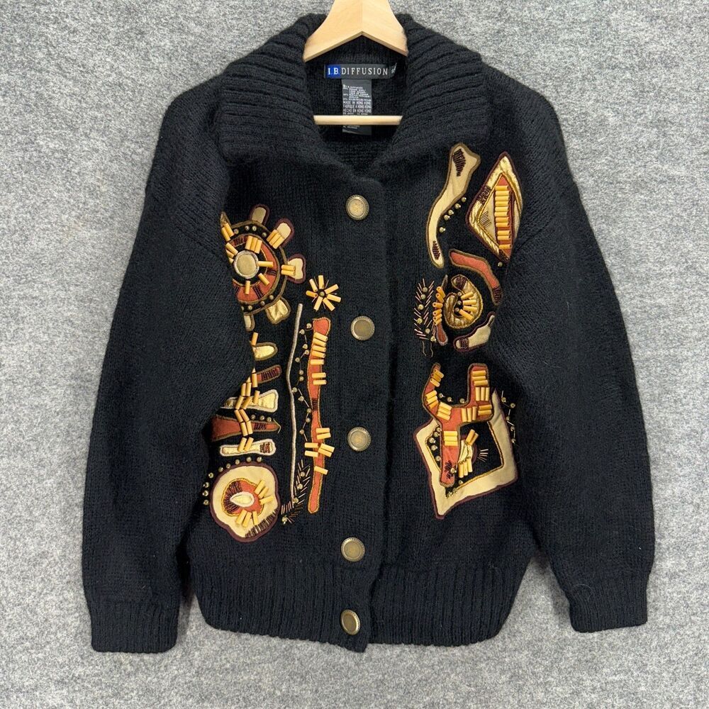 I.B. Diffusion Cardigan Women S Small Black Geometric Knit Wool Button Collared